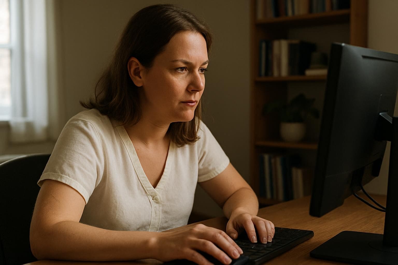 A woman in her mid-30s sits at a desk, focused on her computer in a cozy home office. A woman in her mid-30s sits at a desk, focused on her computer in a cozy home office.