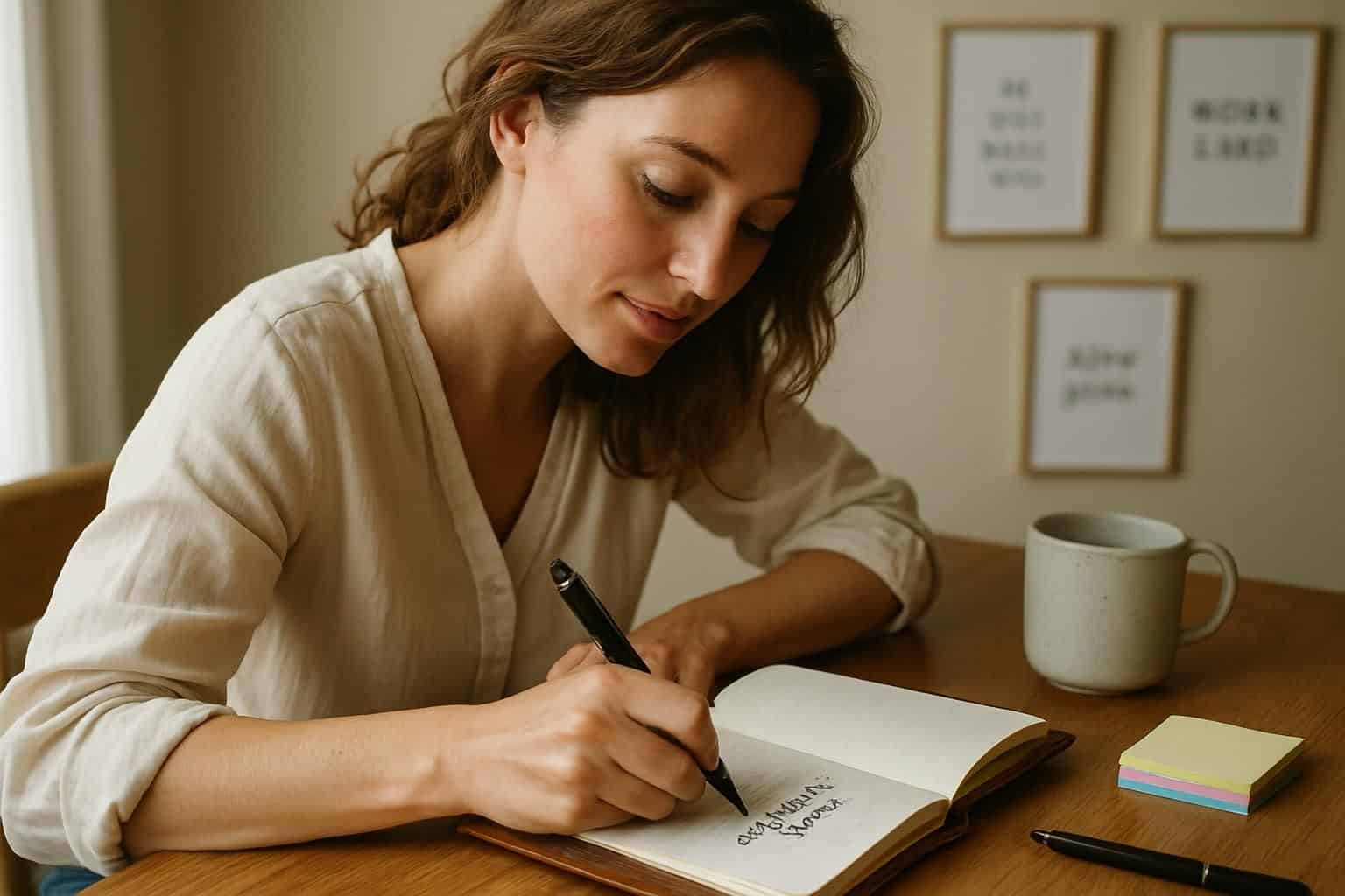 A woman in a cozy workspace writes achievable goals in a leather-bound planner while enjoying a warm, inviting atmosphere. A woman in a cozy workspace writes achievable goals in a leather-bound planner while enjoying a warm, inviting atmosphere.