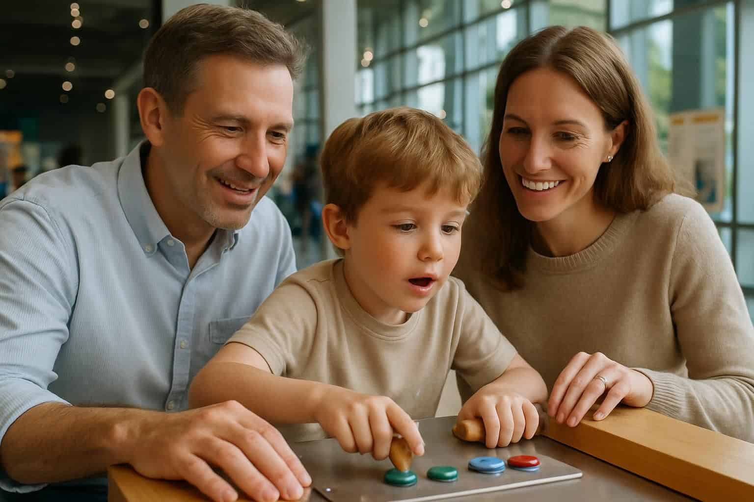 A family of three enjoys an interactive science exhibit, fostering curiosity and shared discovery in a museum setting. A family of three enjoys an interactive science exhibit, fostering curiosity and shared discovery in a museum setting.