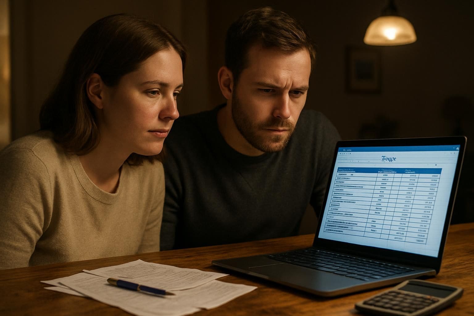 A couple collaborates on a budgeting spreadsheet at a rustic dining table, surrounded by scattered papers and a calculator. A couple collaborates on a budgeting spreadsheet at a rustic dining table, surrounded by scattered papers and a calculator.