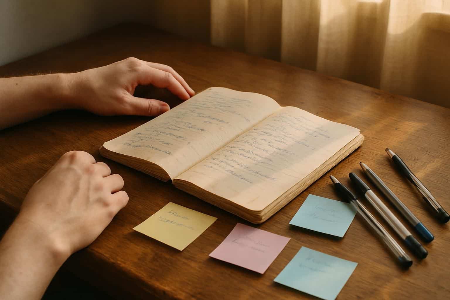 A well-used notebook and pastel sticky notes are spread on a wooden desk, suggesting a moment of focused planning. A well-used notebook and pastel sticky notes are spread on a wooden desk, suggesting a moment of focused planning.