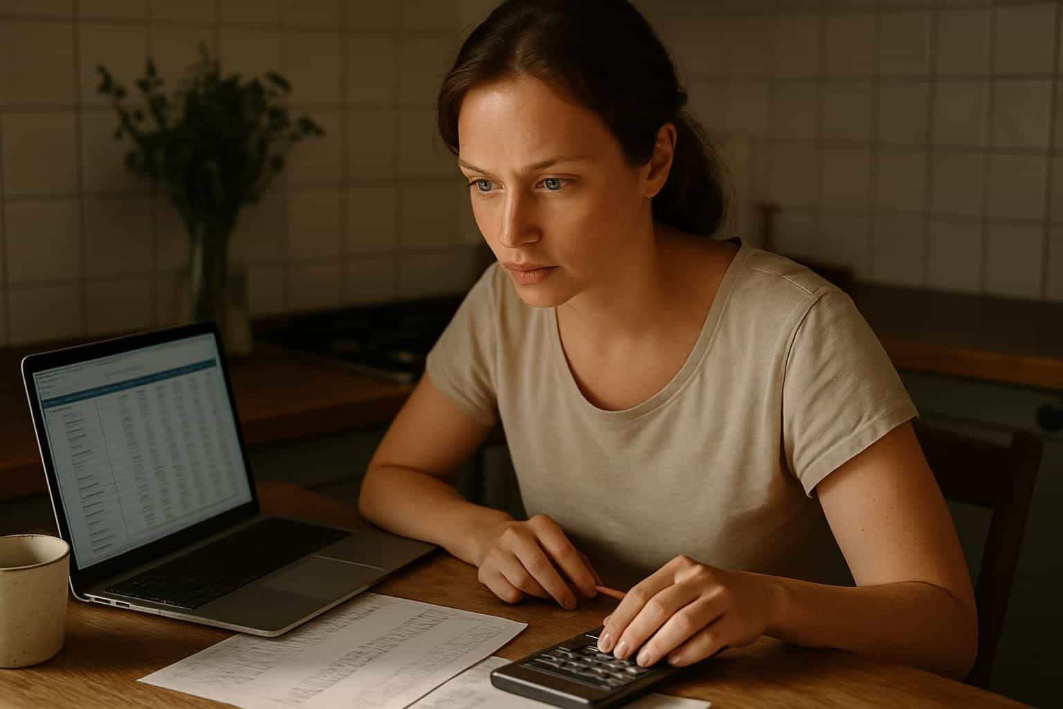 A young woman focused on budgeting sits at a wooden table with papers and a laptop in a cozy kitchen. A young woman focused on budgeting sits at a wooden table with papers and a laptop in a cozy kitchen.