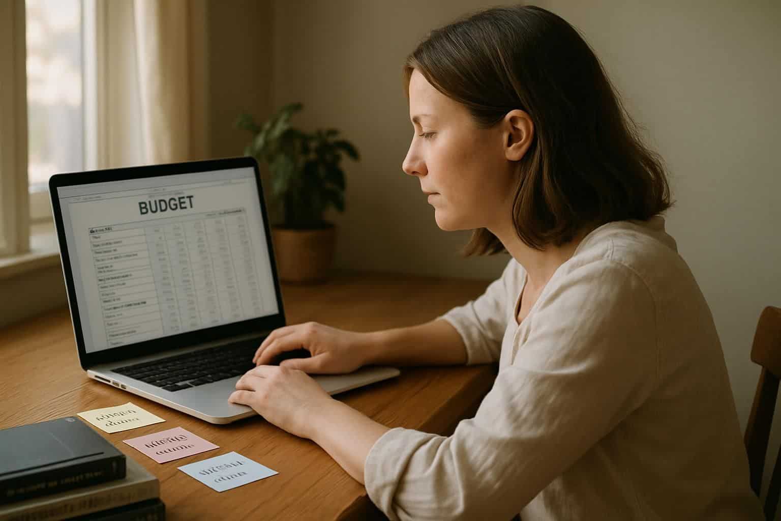 A woman in her mid-30s works at a wooden desk, focused on budgeting with financial planning books and notes around her. A woman in her mid-30s works at a wooden desk, focused on budgeting with financial planning books and notes around her.