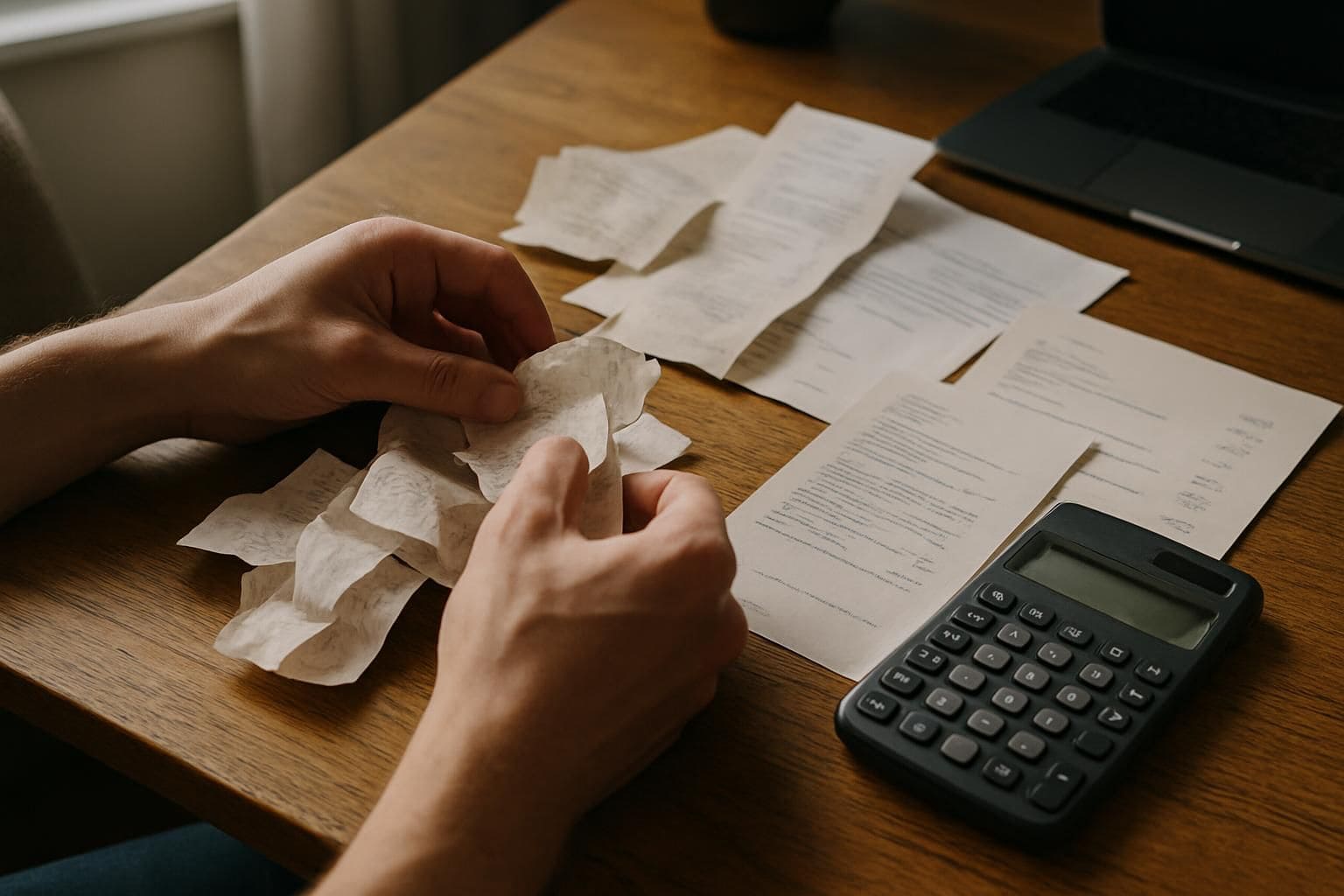 A cluttered wooden desk features receipts, bills, and a calculator, reflecting the reality of managing monthly expenses. A cluttered wooden desk features receipts, bills, and a calculator, reflecting the reality of managing monthly expenses.