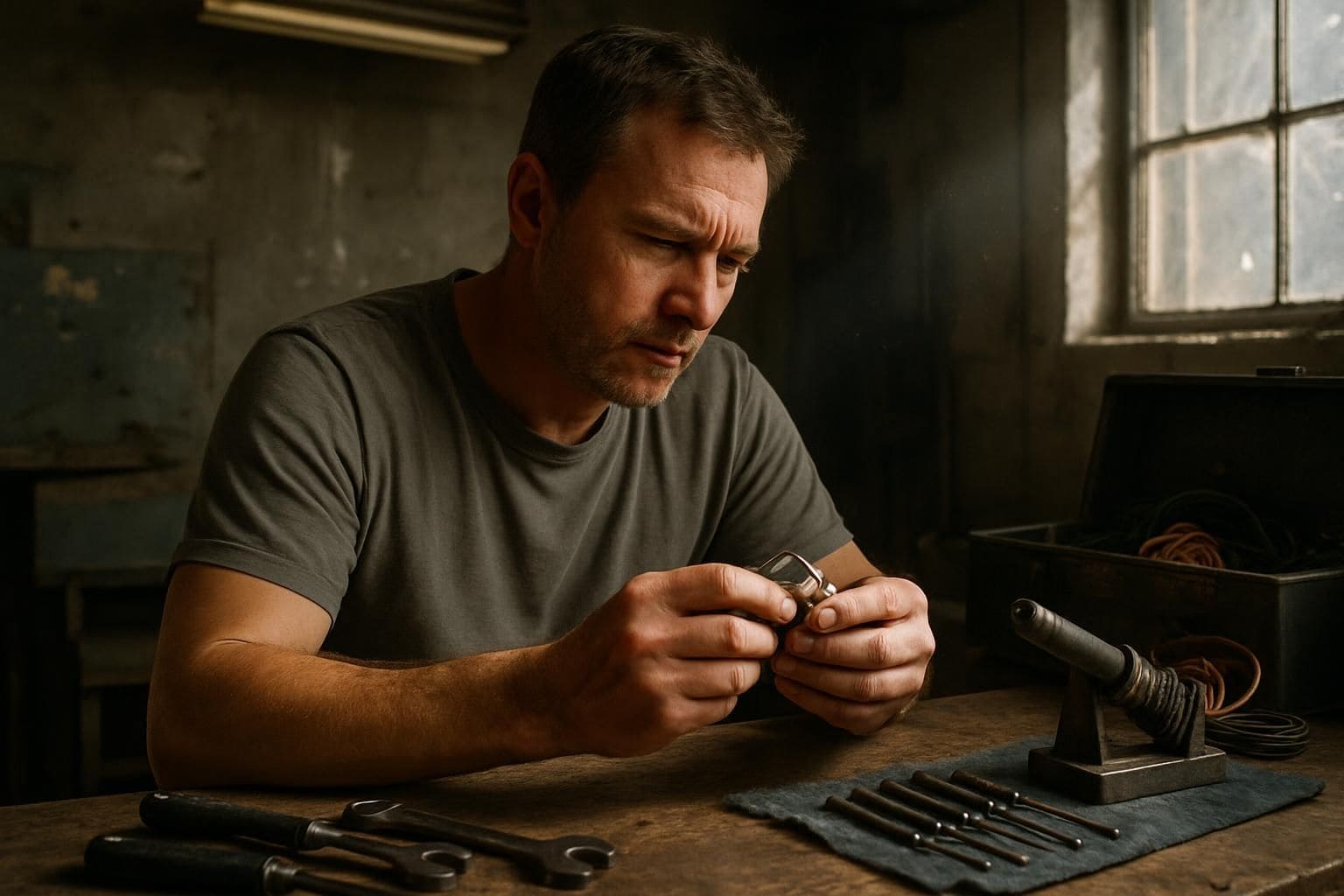 A middle-aged man examines a small metal component at a cluttered workbench in a dusty garage. A middle-aged man examines a small metal component at a cluttered workbench in a dusty garage.