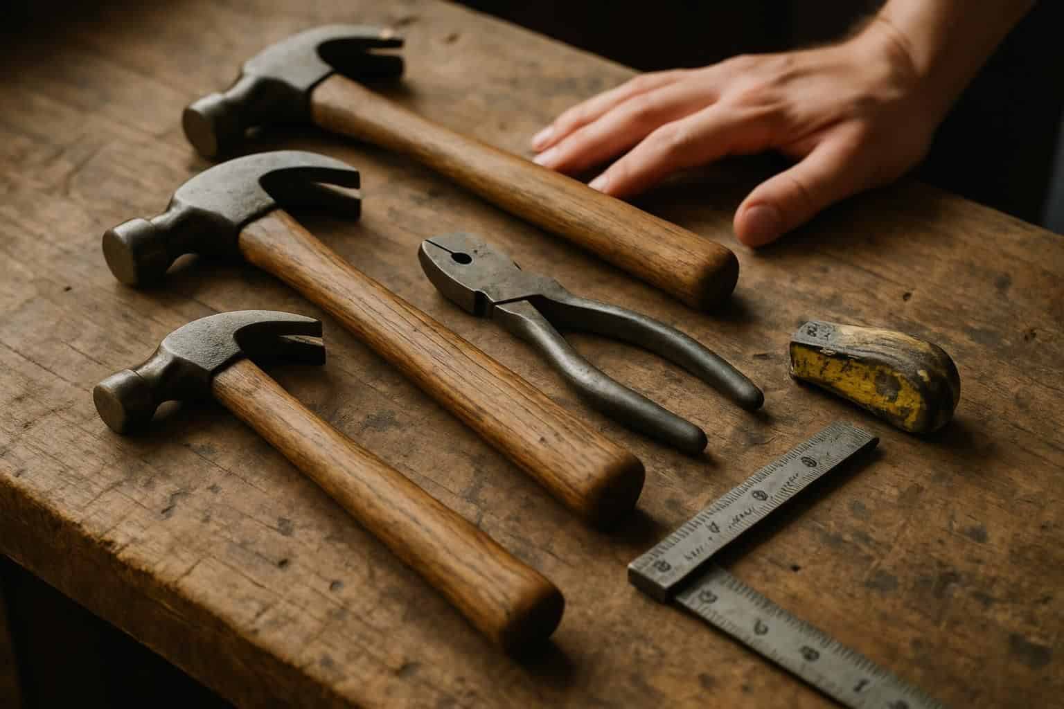 A well-used wooden workbench is scattered with various metal tools, showcasing years of wear and craftsmanship. A well-used wooden workbench is scattered with various metal tools, showcasing years of wear and craftsmanship.