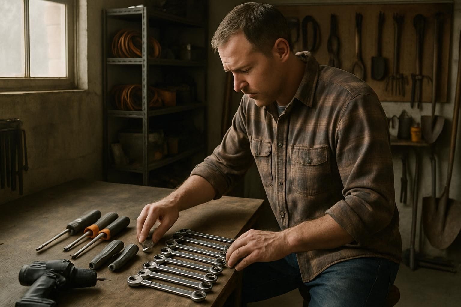 A focused man methodically organizes tools and equipment in his neatly arranged garage. A focused man methodically organizes tools and equipment in his neatly arranged garage.