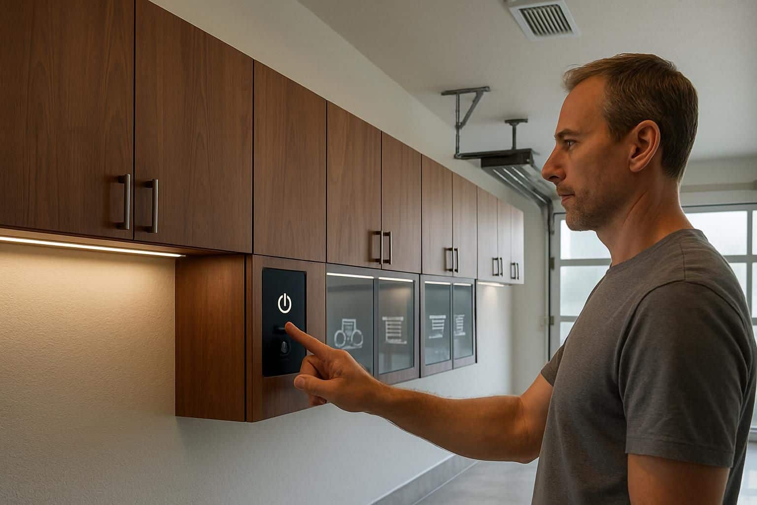 A man adjusts a high-tech cabinet in a modern, organized garage featuring smart storage and sleek design elements. A man adjusts a high-tech cabinet in a modern, organized garage featuring smart storage and sleek design elements.