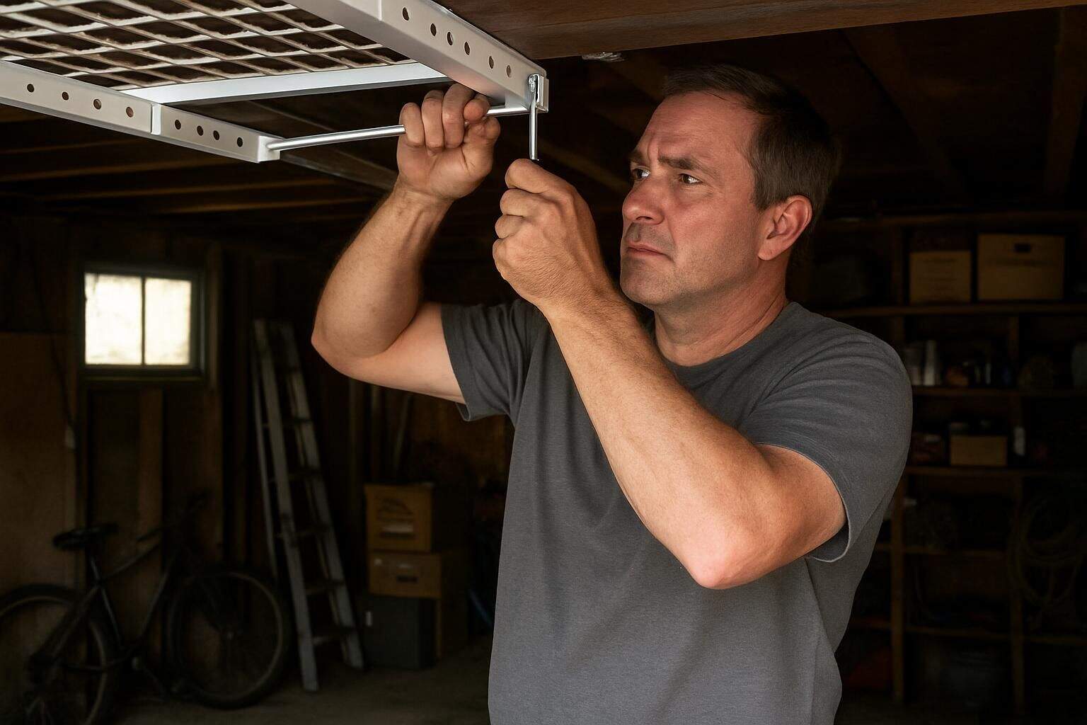 A middle-aged man installs an overhead storage rack in a cluttered garage, showing focus and effort. A middle-aged man installs an overhead storage rack in a cluttered garage, showing focus and effort.