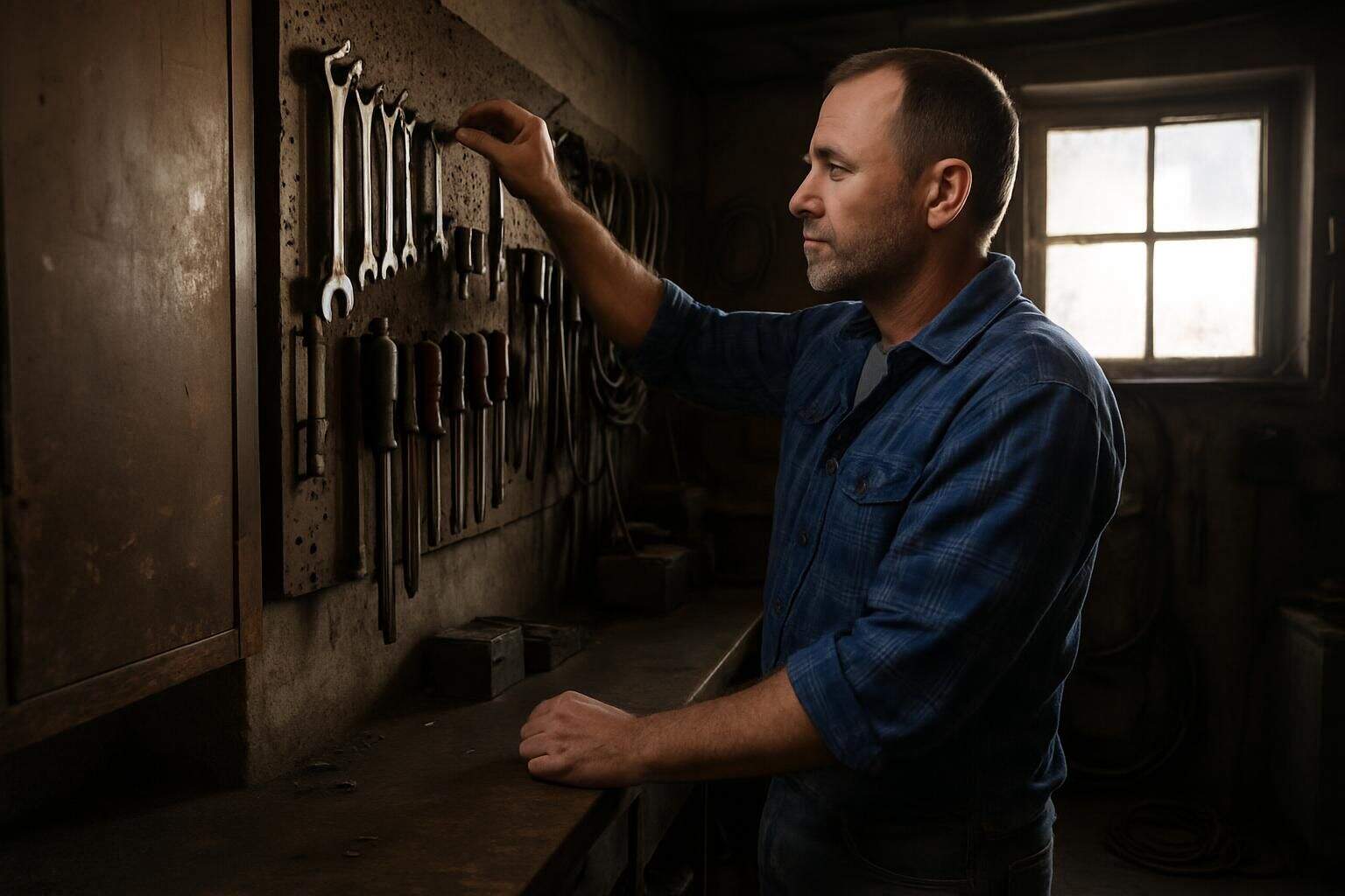 A focused middle-aged man organizes tools in a cluttered garage, surrounded by worn cabinets and various hand tools. A focused middle-aged man organizes tools in a cluttered garage, surrounded by worn cabinets and various hand tools.