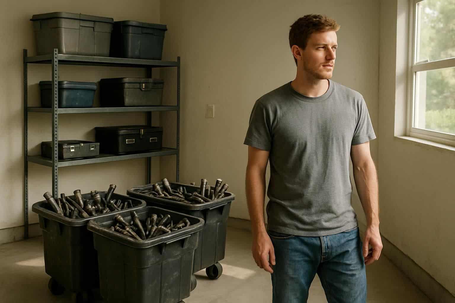 A man examines an organized garage filled with tools and storage bins, embodying a practical, focused atmosphere. A man examines an organized garage filled with tools and storage bins, embodying a practical, focused atmosphere.