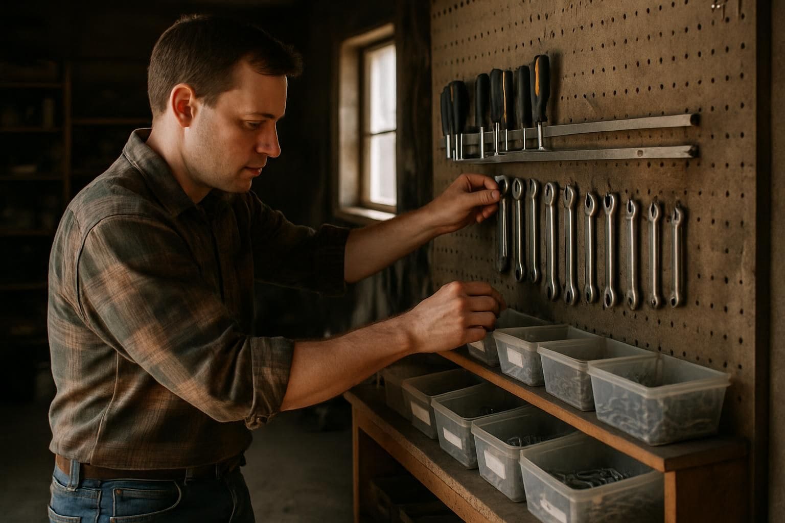 A focused man organizes tools on a pegboard in a cluttered yet orderly garage. A focused man organizes tools on a pegboard in a cluttered yet orderly garage.