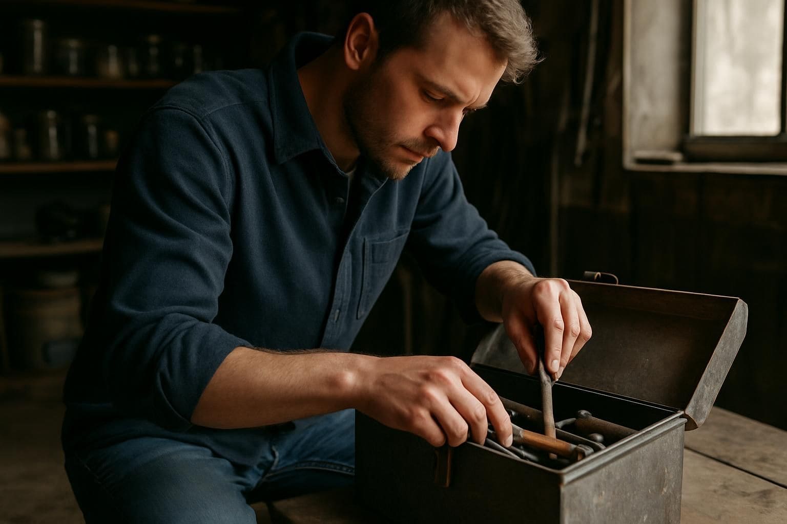 A focused man carefully organizes hand tools in a well-worn toolbox within a cluttered garage. A focused man carefully organizes hand tools in a well-worn toolbox within a cluttered garage.