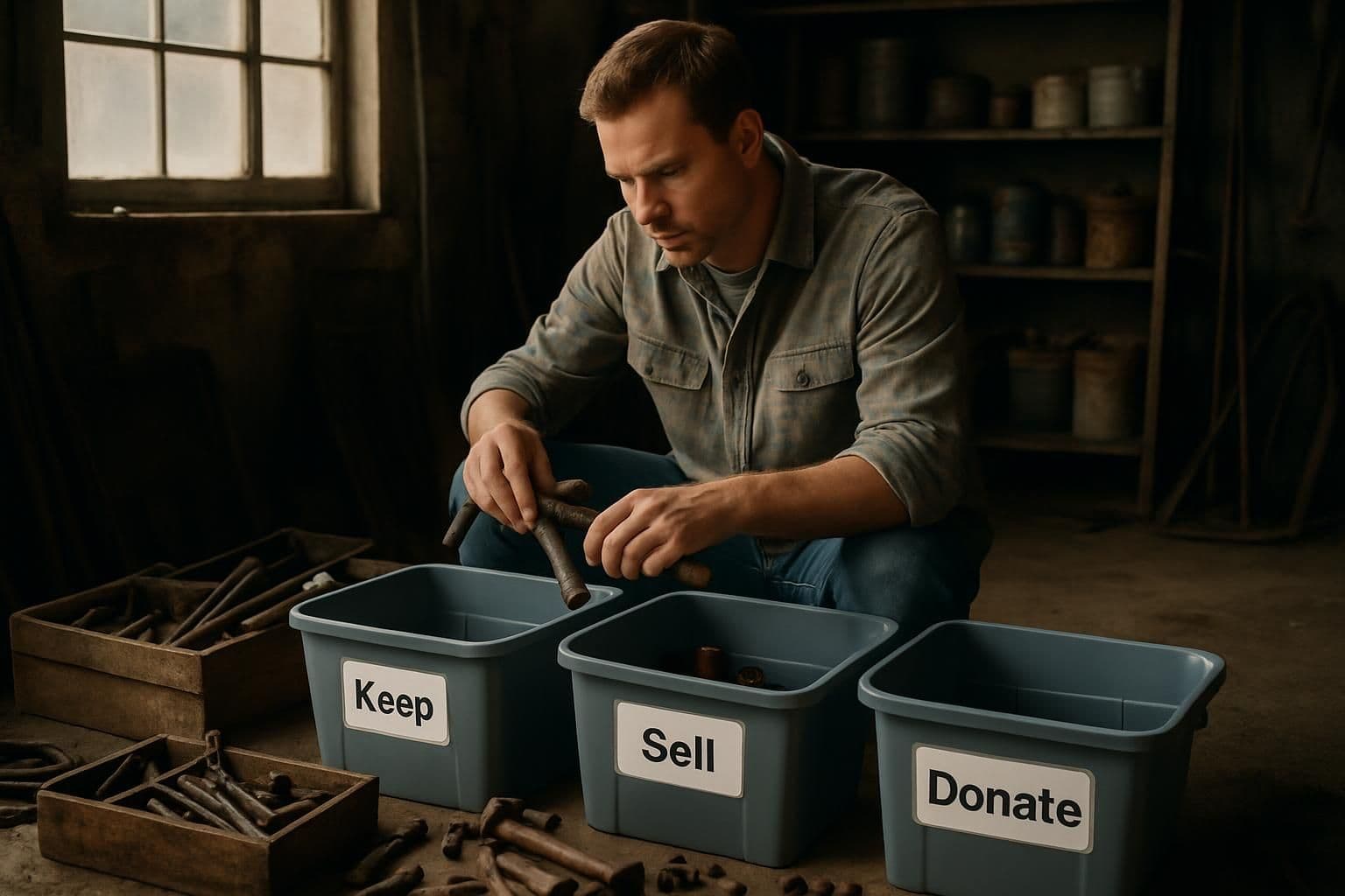 A man meticulously sorts tools and materials in a cluttered garage, organizing them into bins labeled 'Keep,' 'Sell,' and 'Donate.' A man meticulously sorts tools and materials in a cluttered garage, organizing them into bins labeled 'Keep,' 'Sell,' and 'Donate.'