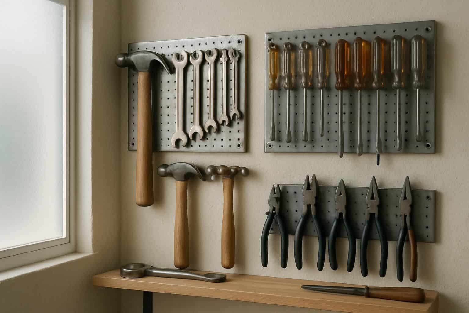 A meticulously organized garage wall displays an array of hand tools on metal pegboards and wooden shelves. A meticulously organized garage wall displays an array of hand tools on metal pegboards and wooden shelves.