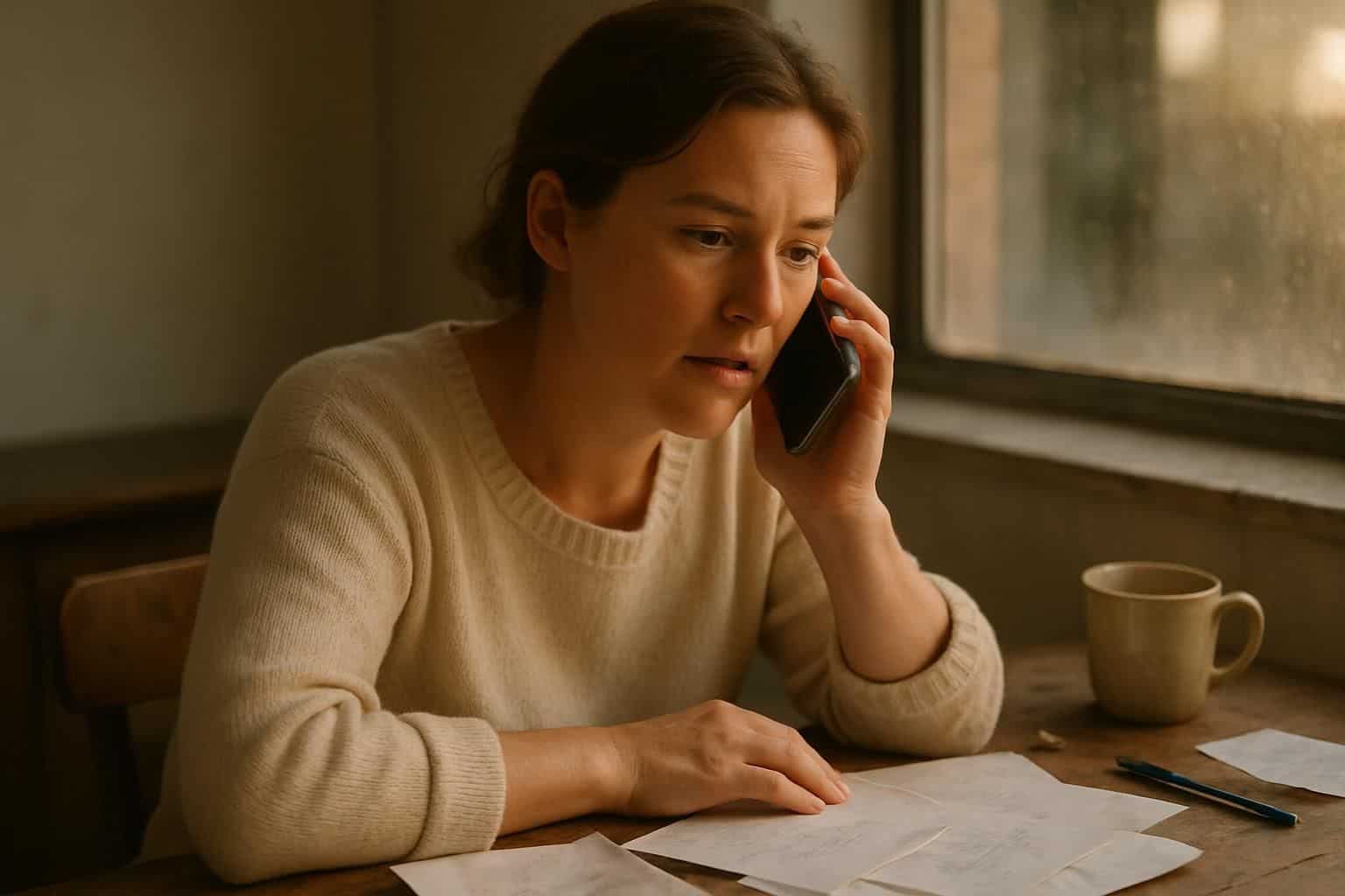 A focused woman in a cozy sweater listens intently on her smartphone at a cluttered wooden desk.