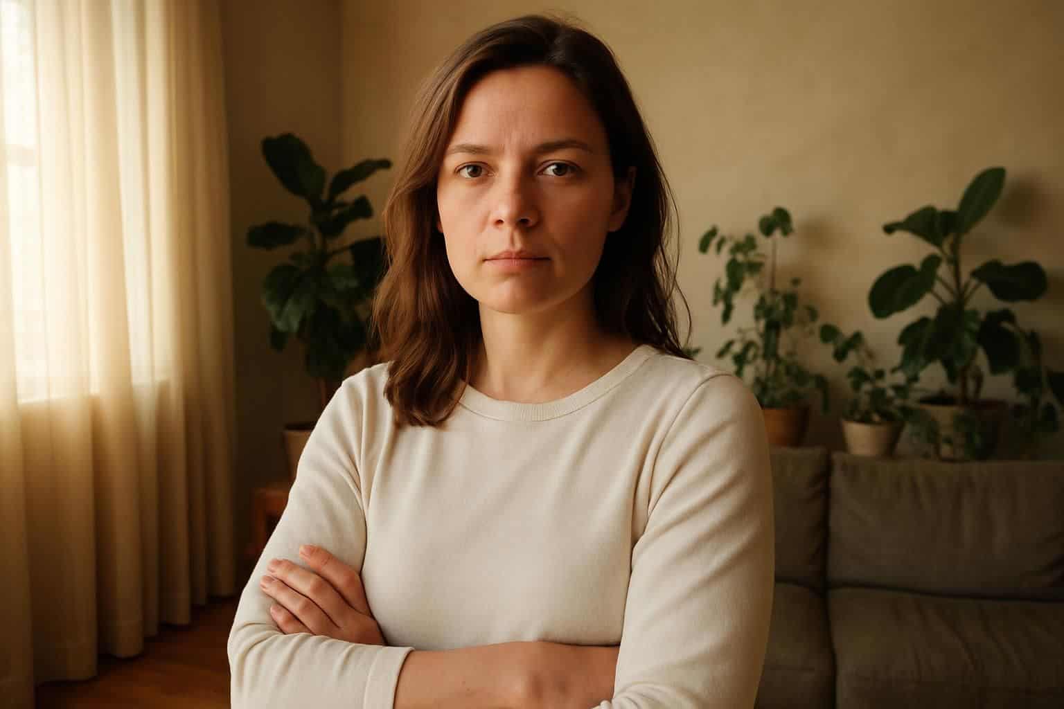 A confident woman in a cream sweater stands in a cozy living room adorned with houseplants and an olive-green sofa.