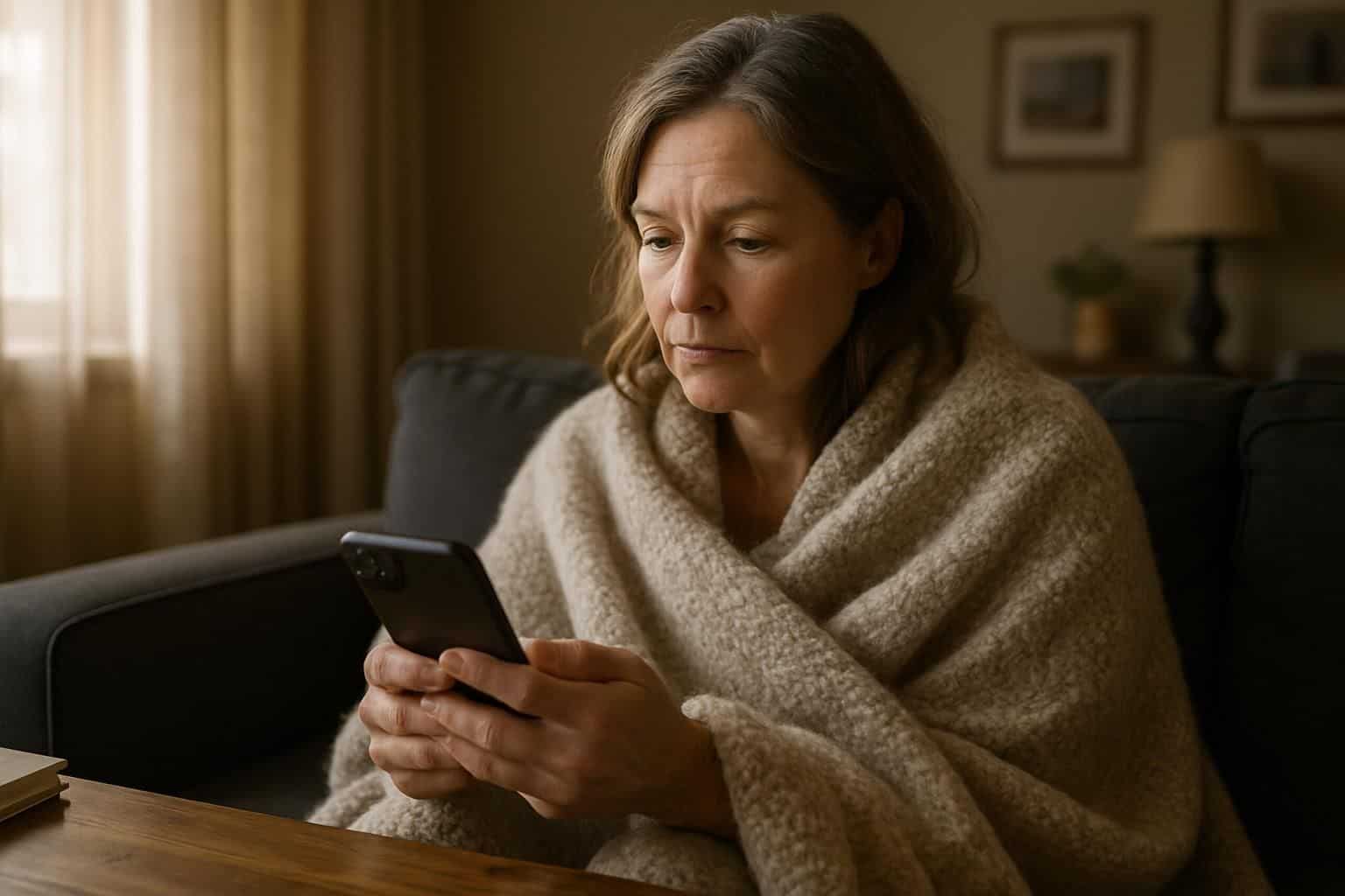 A middle-aged woman, wrapped in a blanket, sits alone on a sofa, absorbed in her smartphone with a contemplative expression.