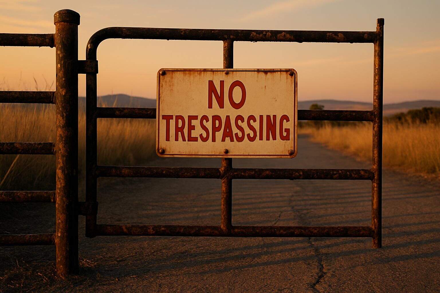 A weathered iron gate with a 'No Trespassing' sign stands in a serene rural landscape, surrounded by tall grass and hills.