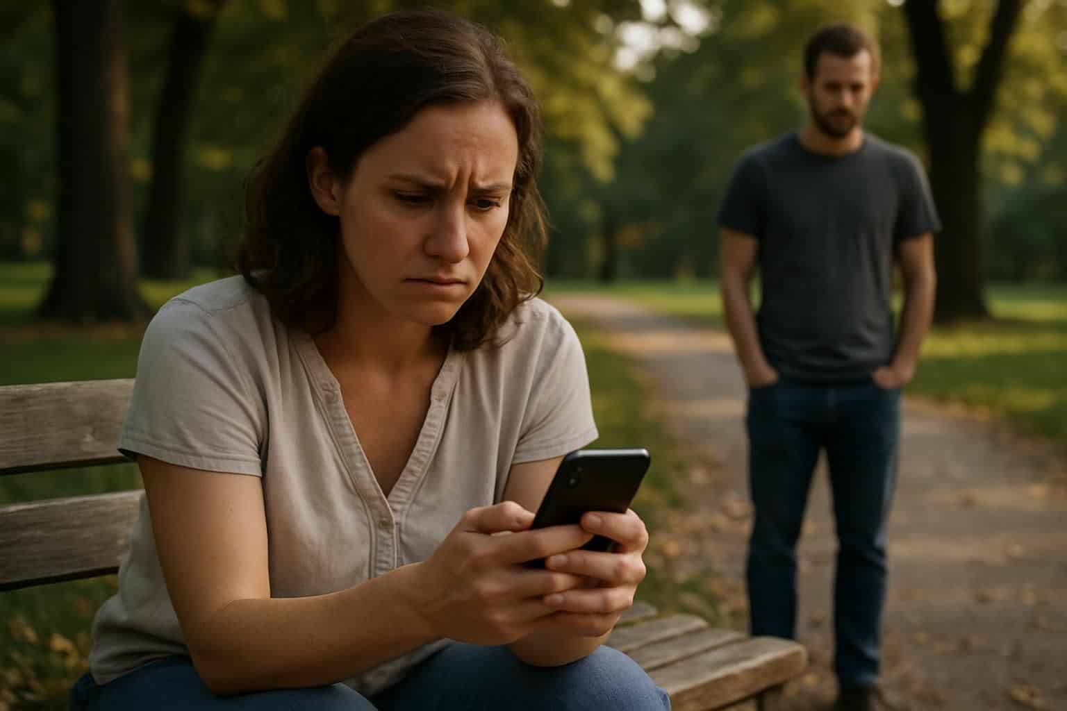 A woman sits on a bench, tense and worried, while a man stands nearby, reflecting on their emotional distance after a breakup.