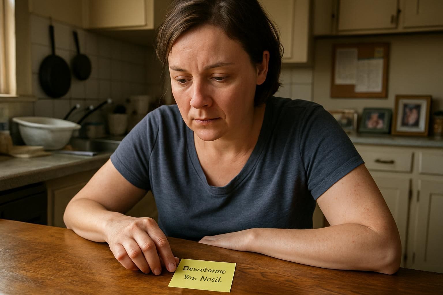 A woman sits at a rustic kitchen table, contemplating a yellow sticky note labeled 'Boundaries You Need.' A woman sits at a rustic kitchen table, contemplating a yellow sticky note labeled 'Boundaries You Need.'