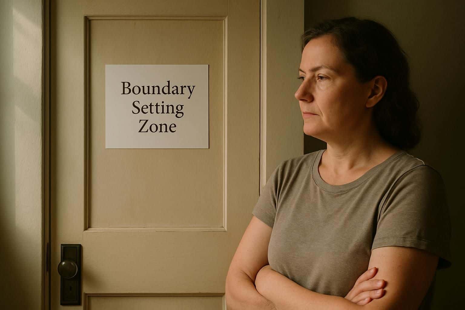 A middle-aged woman stands confidently beside a wooden door labeled 'Boundary Setting Zone' in a tranquil interior space. A middle-aged woman stands confidently beside a wooden door labeled 'Boundary Setting Zone' in a tranquil interior space.