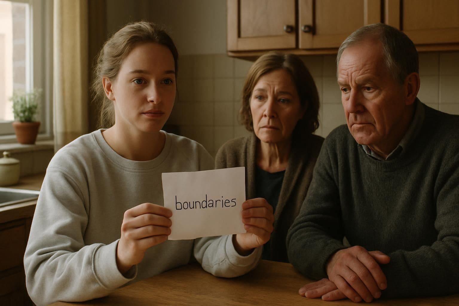 A woman discusses personal boundaries with her concerned parents at a worn kitchen table, conveying a tense family moment. A woman discusses personal boundaries with her concerned parents at a worn kitchen table, conveying a tense family moment.