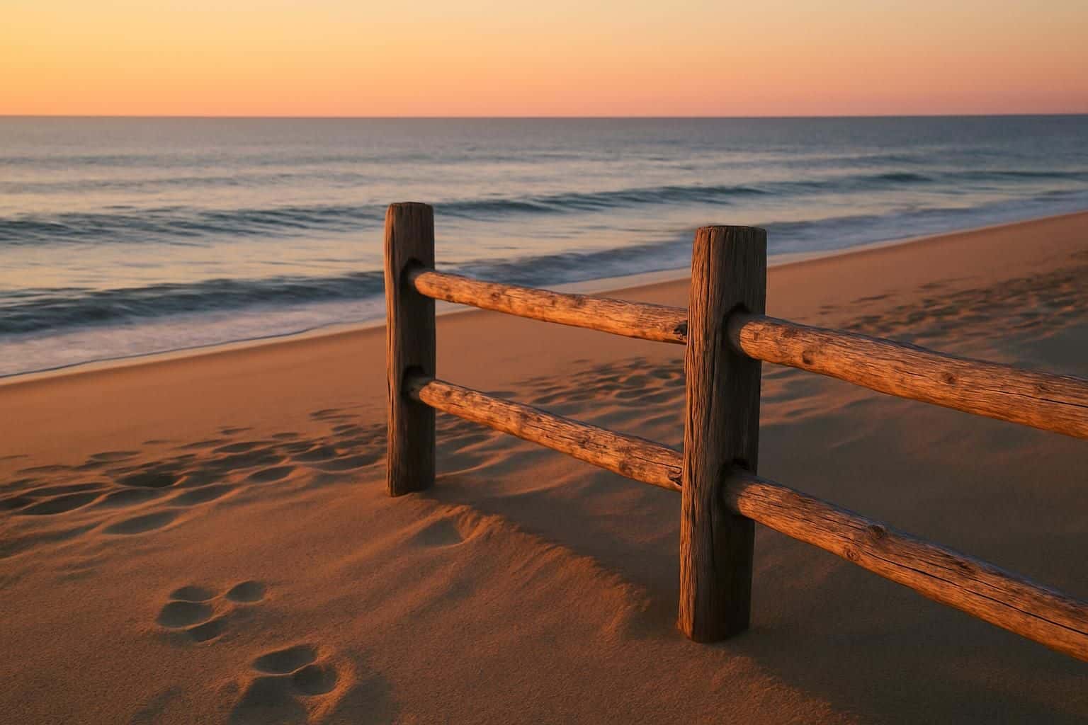 A serene beach scene features aged driftwood fencing and calm ocean waves under a colorful sunset sky. A serene beach scene features aged driftwood fencing and calm ocean waves under a colorful sunset sky.