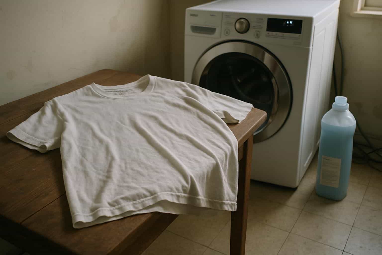 A wrinkled white t-shirt rests on a wooden table beside a modern washing machine in a cozy laundry room.