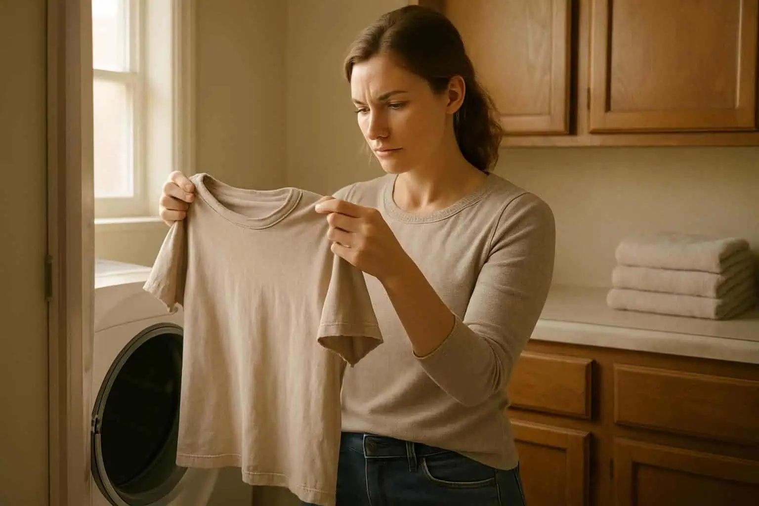 A woman inspects her favorite cotton T-shirt in a cozy, well-used laundry room filled with everyday items.