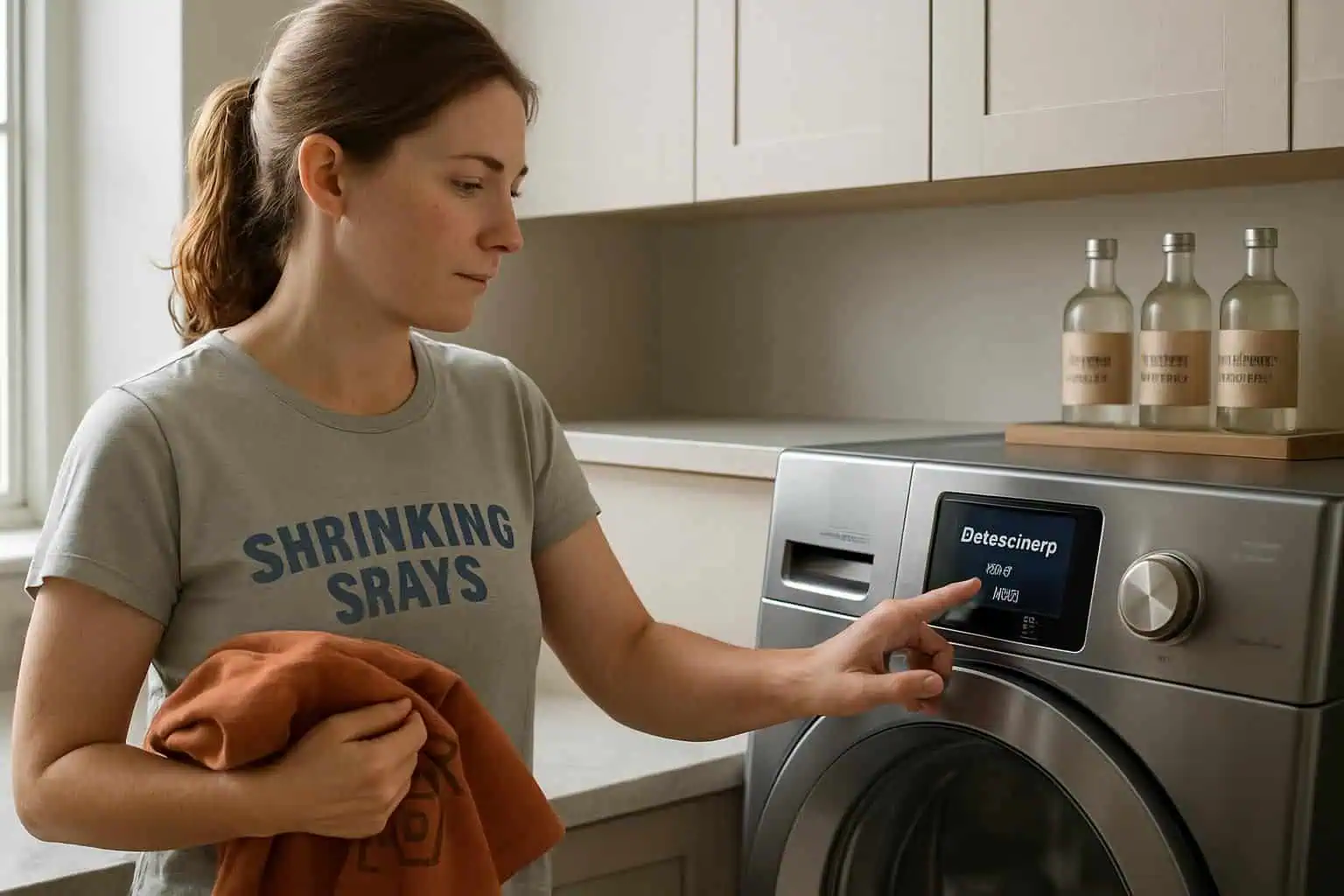 A woman meticulously operates a smart washing machine to shrink an oversized cotton t-shirt in a minimalist laundry room.