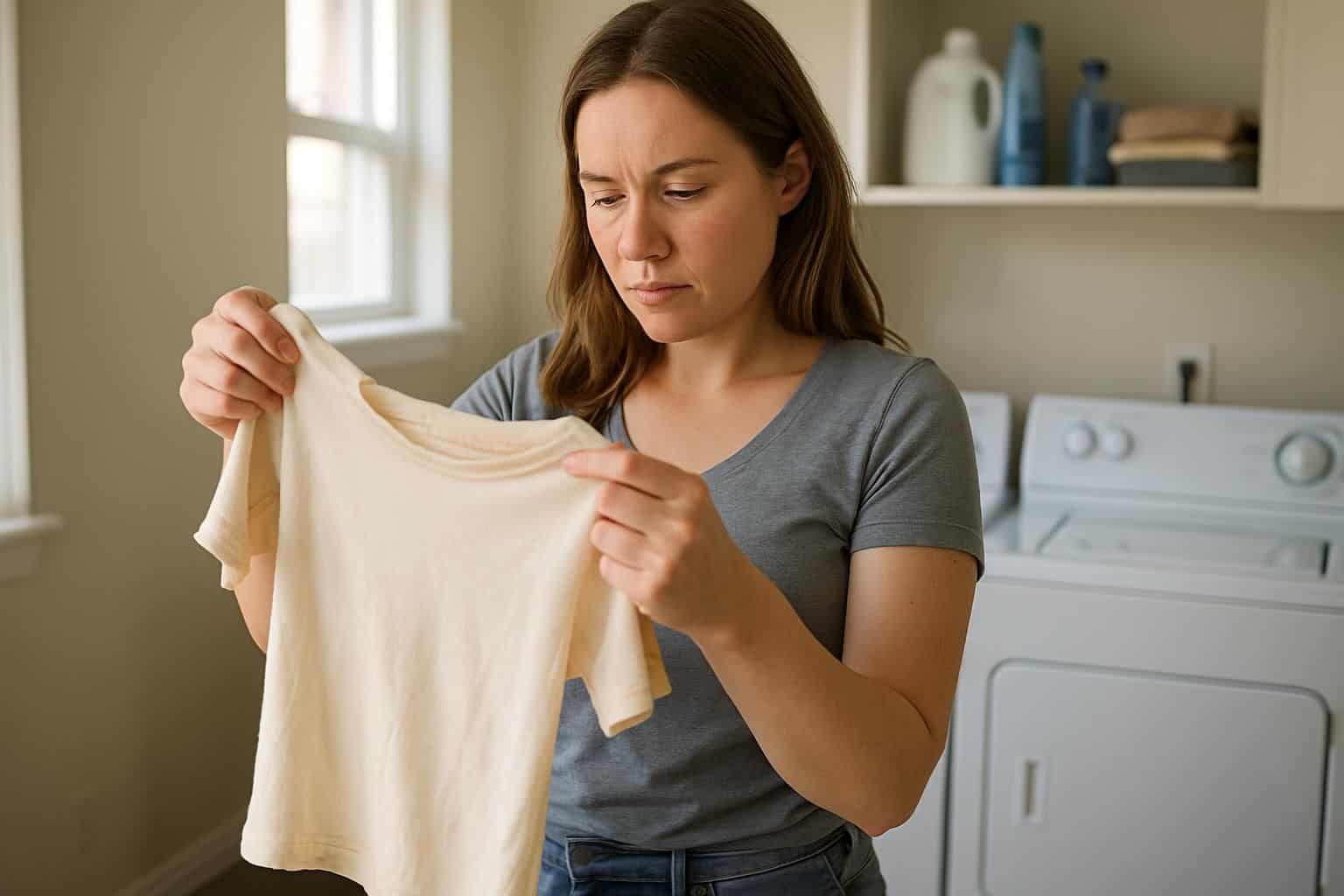 A woman in casual attire inspects a cream-colored shirt in a tidy laundry room filled with cleaning supplies.