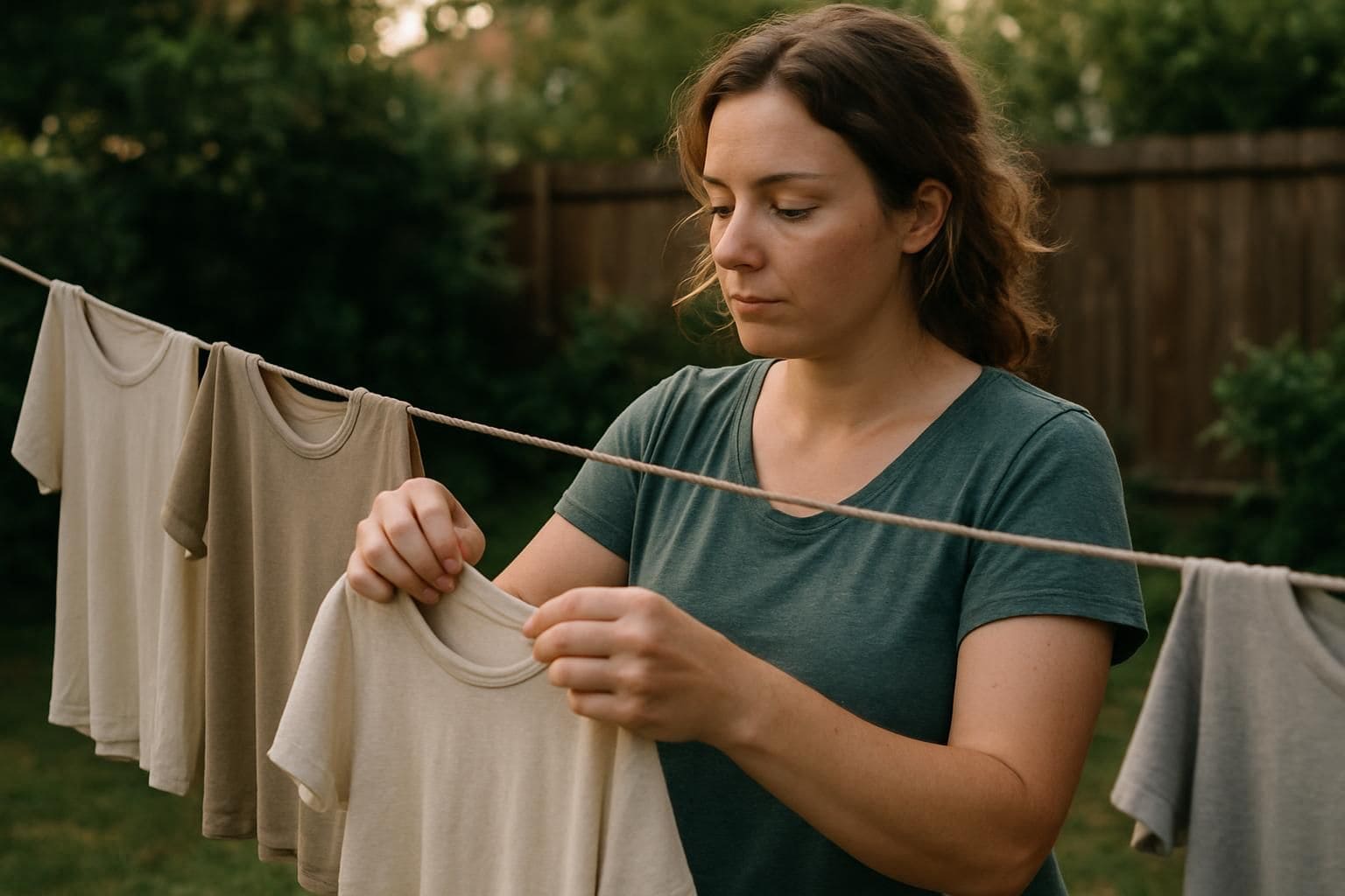 A woman in her 30s carefully arranges faded cotton T-shirts on a clothesline in her backyard garden.