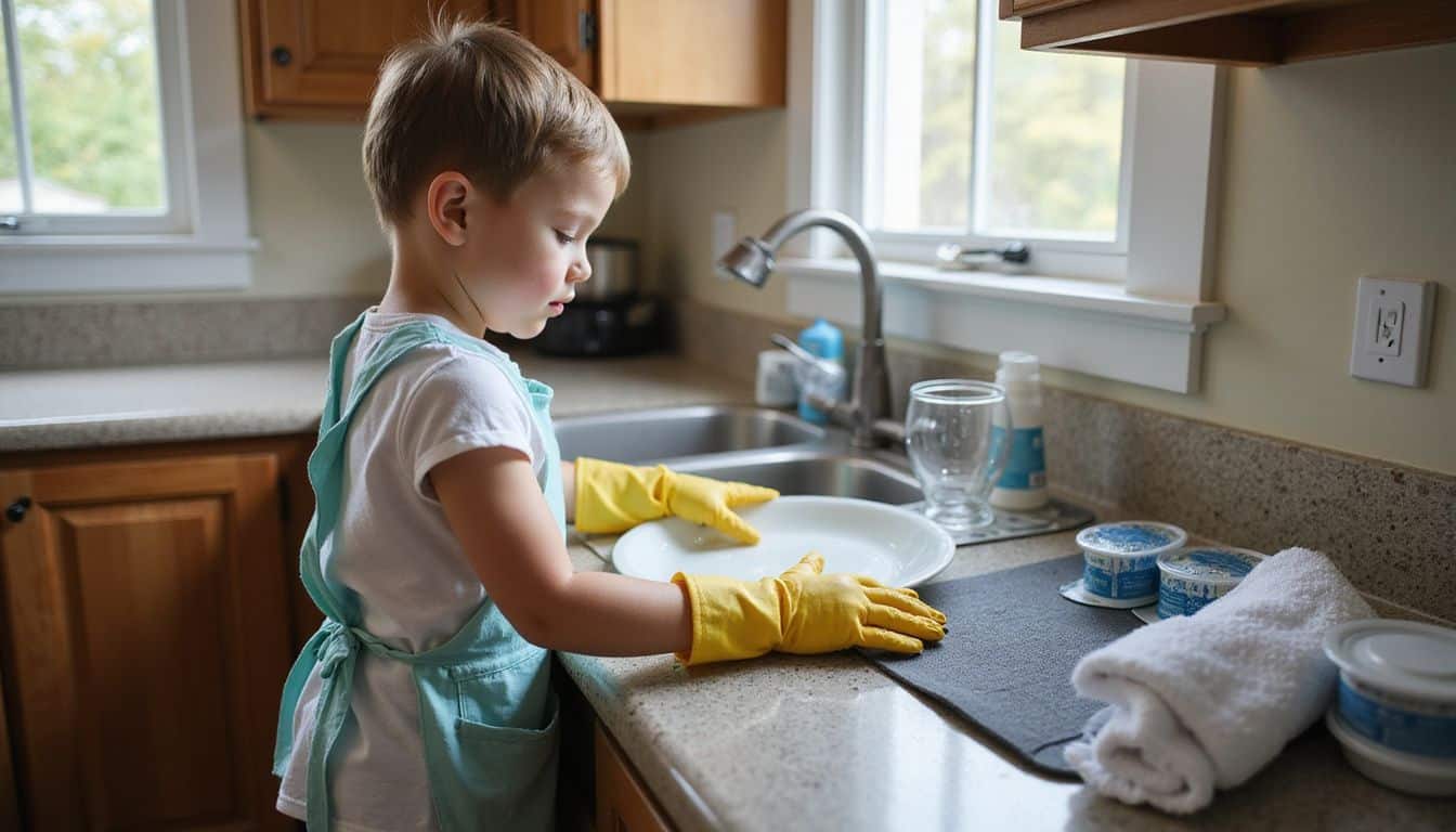 A child in a blue apron and yellow gloves washes dishes in a cozy kitchen. A child in a blue apron and yellow gloves washes dishes in a cozy kitchen.