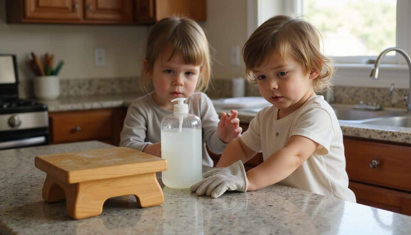 A young child reaching for gloves and dish soap in a well-lit kitchen. A young child reaching for gloves and dish soap in a well-lit kitchen.