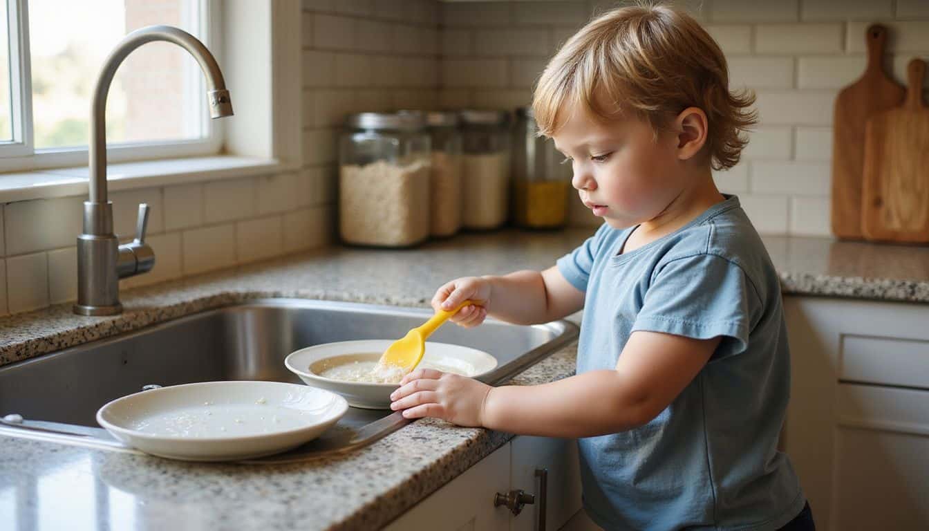 A 7-year-old child washes dishes in a sunlit kitchen with focused concentration. A 7-year-old child washes dishes in a sunlit kitchen with focused concentration.
