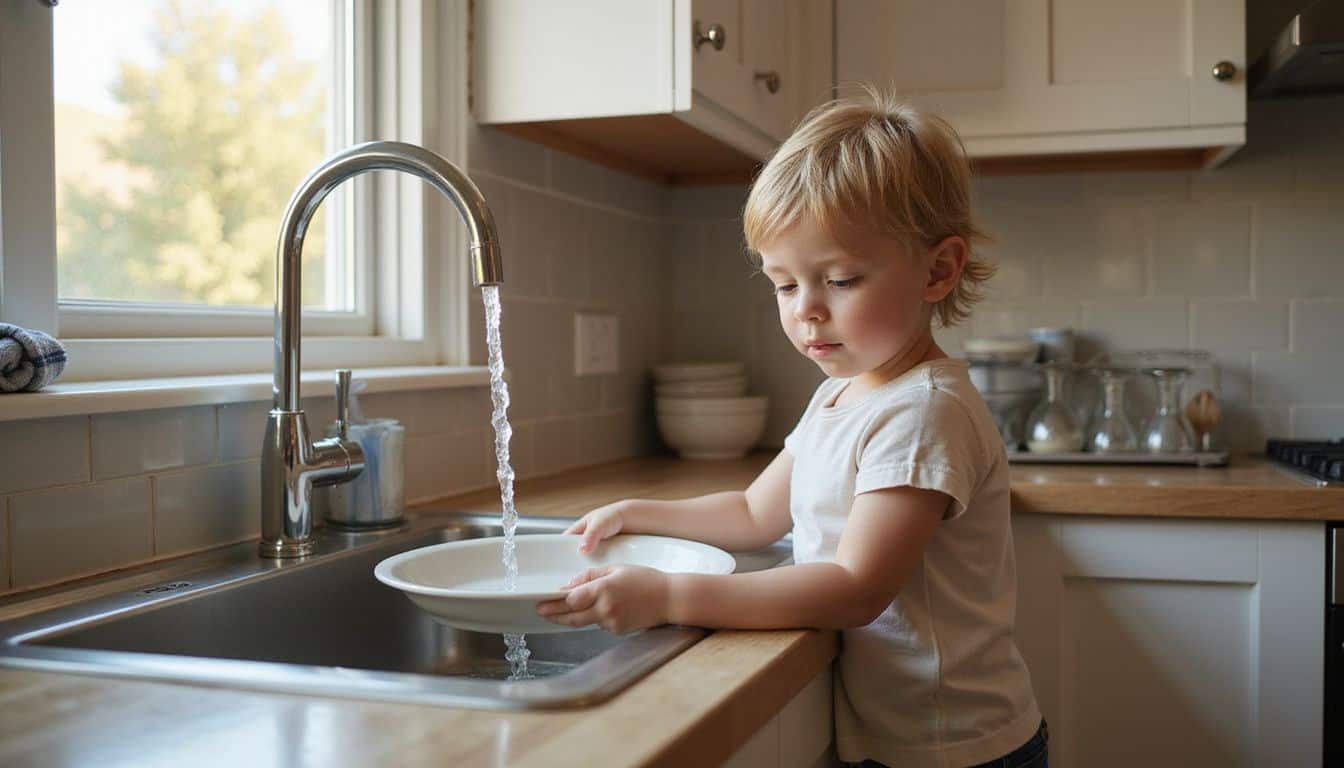 A young child rinses dishes in a clean and bright kitchen. A young child rinses dishes in a clean and bright kitchen.