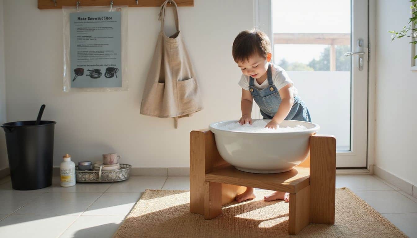A child stands at a well-organized washing station, happily washing dishes with soapy water. A child stands at a well-organized washing station, happily washing dishes with soapy water.