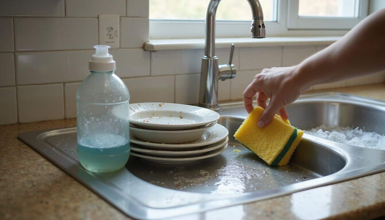 A sink full of unwashed dishes, detergent bottle, and sponge in a domestic kitchen. A sink full of unwashed dishes, detergent bottle, and sponge in a domestic kitchen.