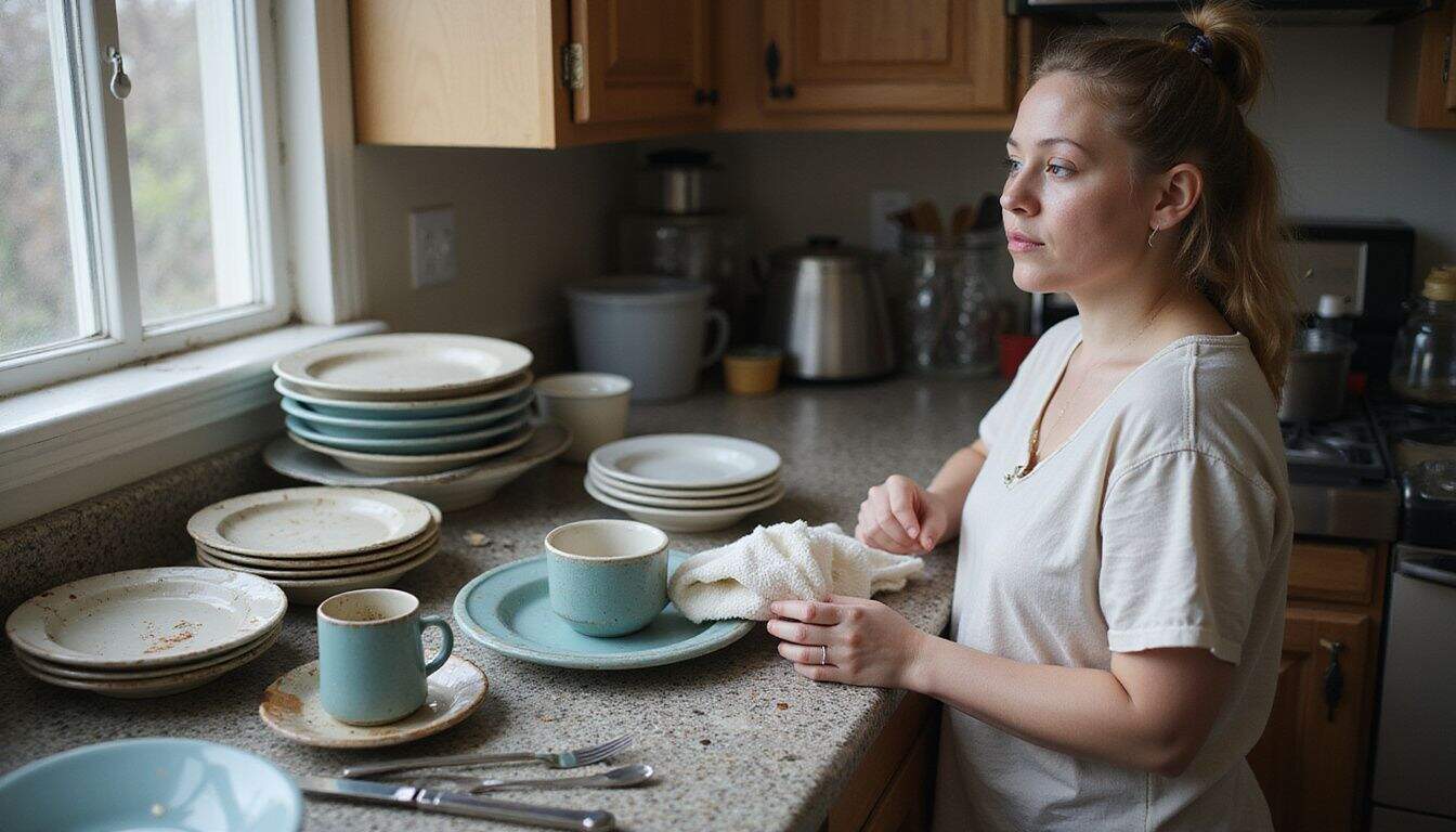 A cluttered kitchen counter with dishes, cutlery, and a person preparing to load the dishwasher. A cluttered kitchen counter with dishes, cutlery, and a person preparing to load the dishwasher.