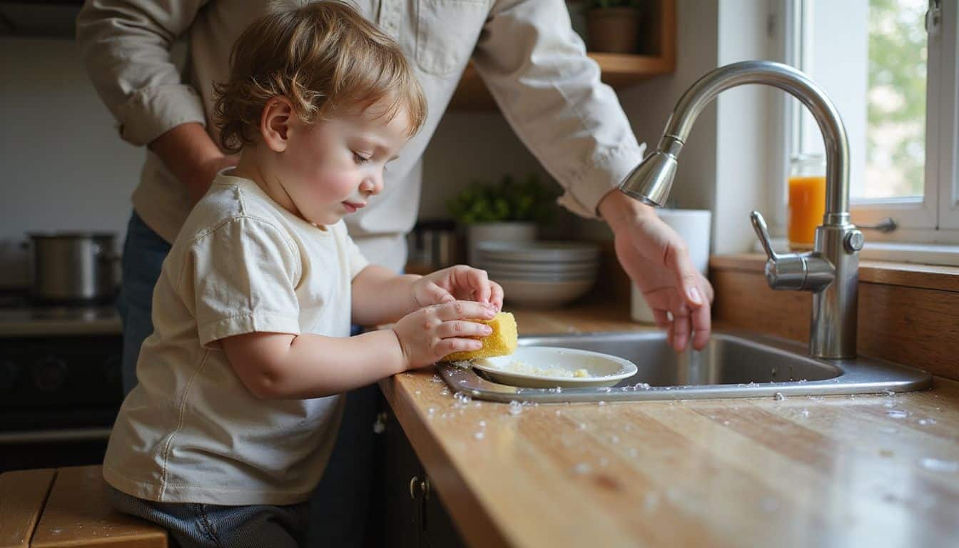 A young child washes dishes with adult guidance in a warm, cozy kitchen scene. A young child washes dishes with adult guidance in a warm, cozy kitchen scene.