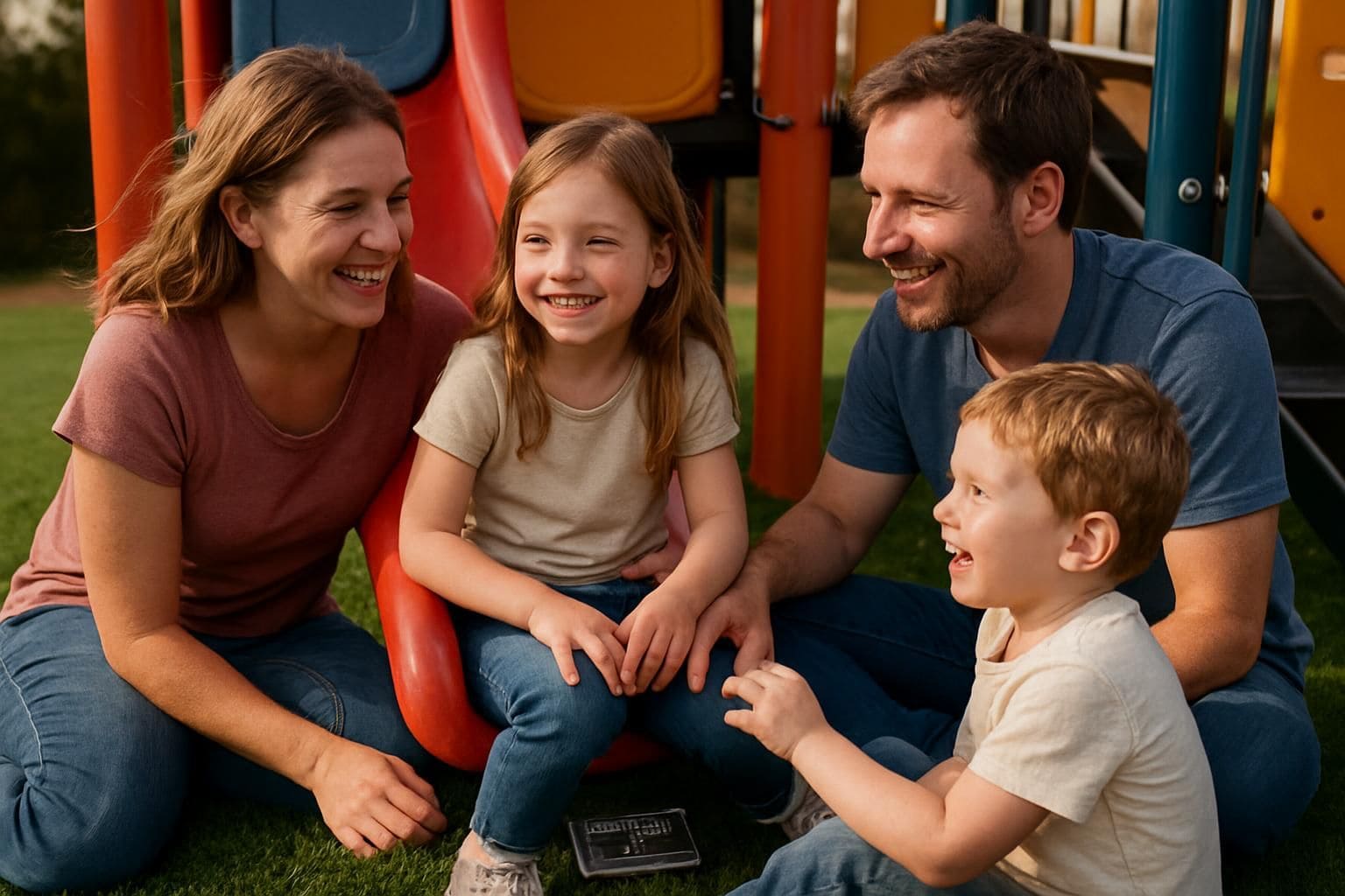 A family enjoys playful moments together on a colorful playground with safety-certified artificial grass and casual attire. A family enjoys playful moments together on a colorful playground with safety-certified artificial grass and casual attire.