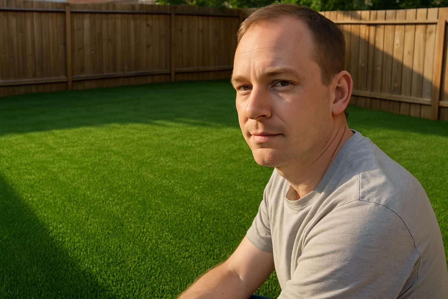 A person stands in a tidy backyard with vibrant artificial turf and a weathered wooden fence. A person stands in a tidy backyard with vibrant artificial turf and a weathered wooden fence.