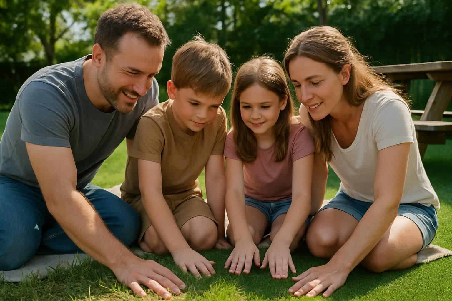 A family of four compares natural grass and artificial turf in their backyard during a sunny day. A family of four compares natural grass and artificial turf in their backyard during a sunny day.