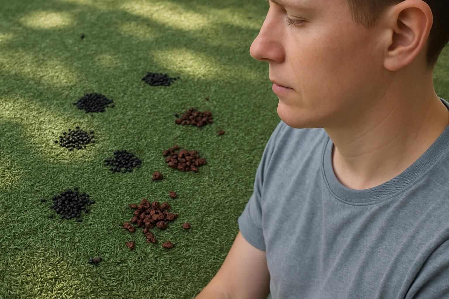 The image shows a close-up of an artificial grass playground with tire crumb rubber and a person observing. The image shows a close-up of an artificial grass playground with tire crumb rubber and a person observing.