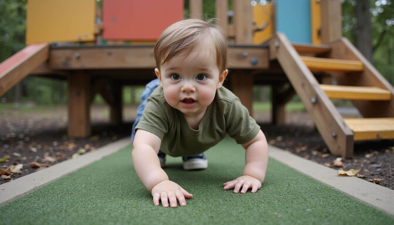 A five-year-old child is mid-fall from a wooden playground structure, reaching toward the cushioned ground below. A five-year-old child is mid-fall from a wooden playground structure, reaching toward the cushioned ground below.