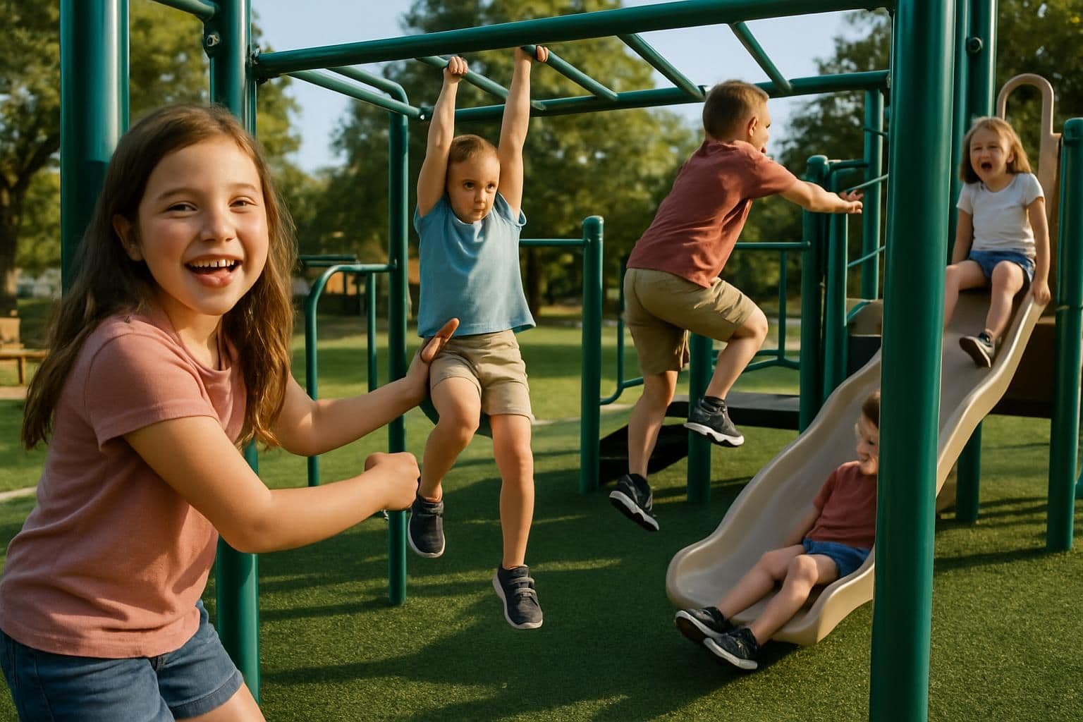 A vibrant playground features children playing energetically on clean artificial turf surrounded by mature trees and a suburban backdrop. A vibrant playground features children playing energetically on clean artificial turf surrounded by mature trees and a suburban backdrop.