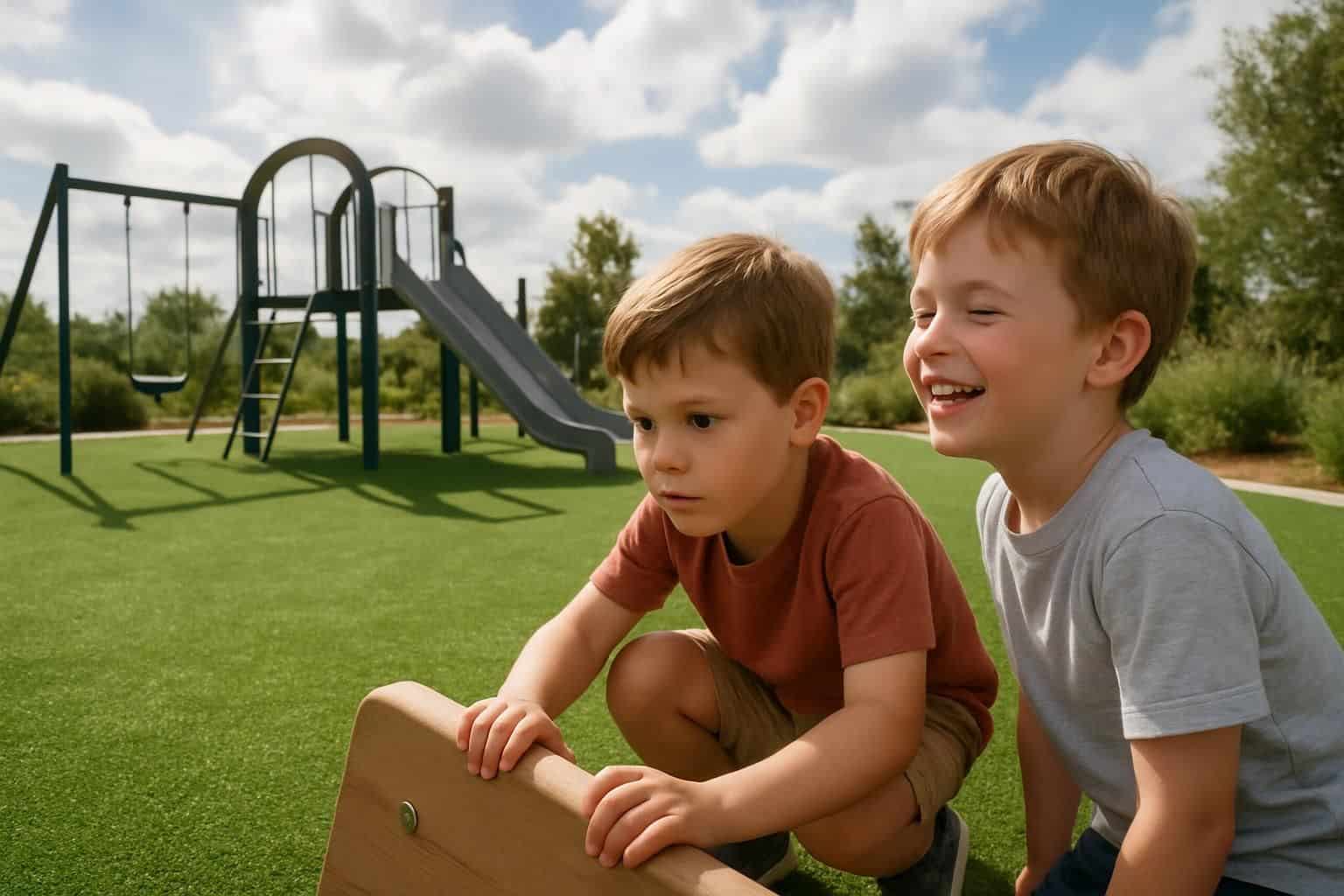 A modern playground features children playing on soft artificial grass, surrounded by native shrubs and sleek metal equipment. A modern playground features children playing on soft artificial grass, surrounded by native shrubs and sleek metal equipment.