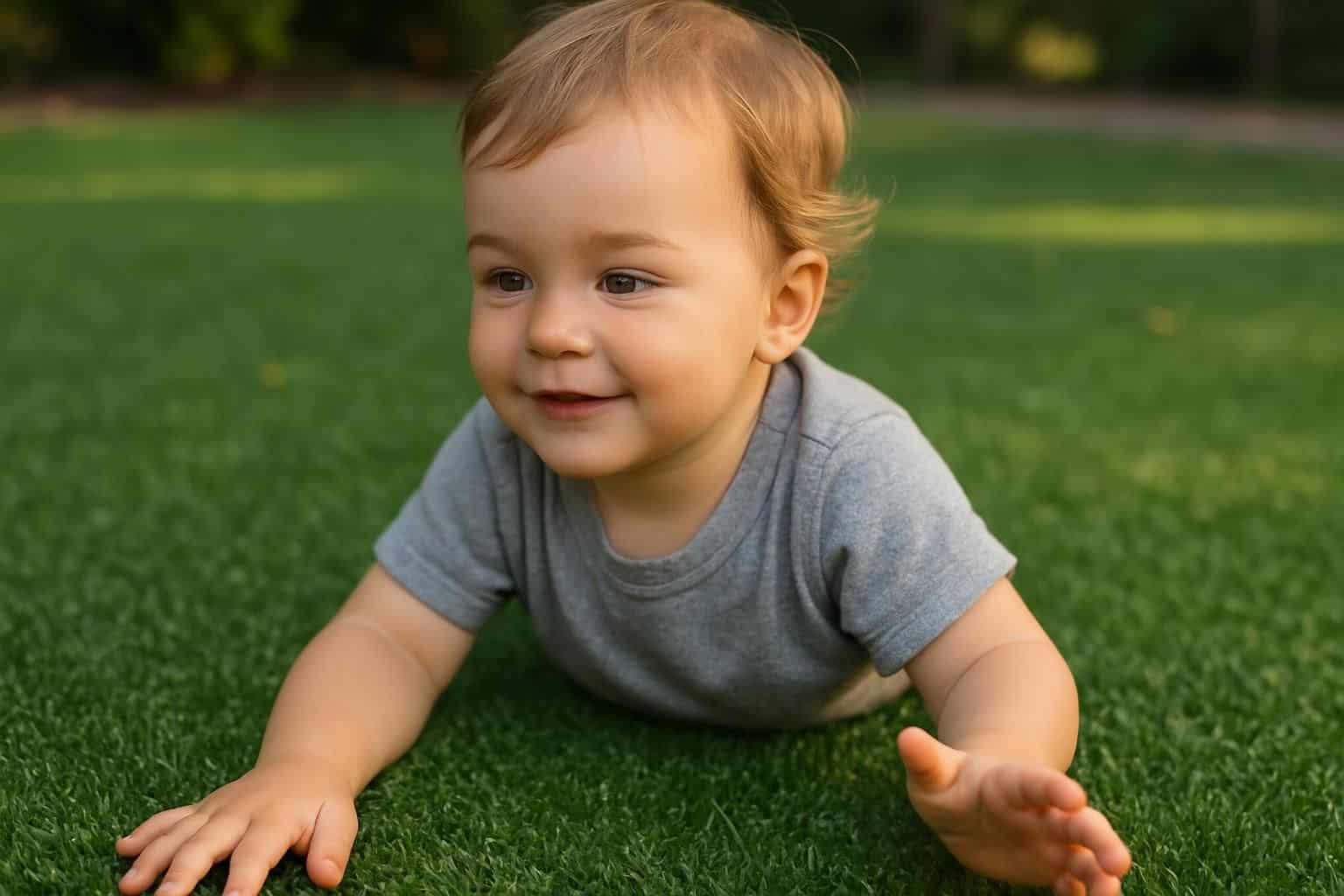 A young child joyfully plays on a vibrant artificial grass field, embodying a peaceful moment of childhood. A young child joyfully plays on a vibrant artificial grass field, embodying a peaceful moment of childhood.