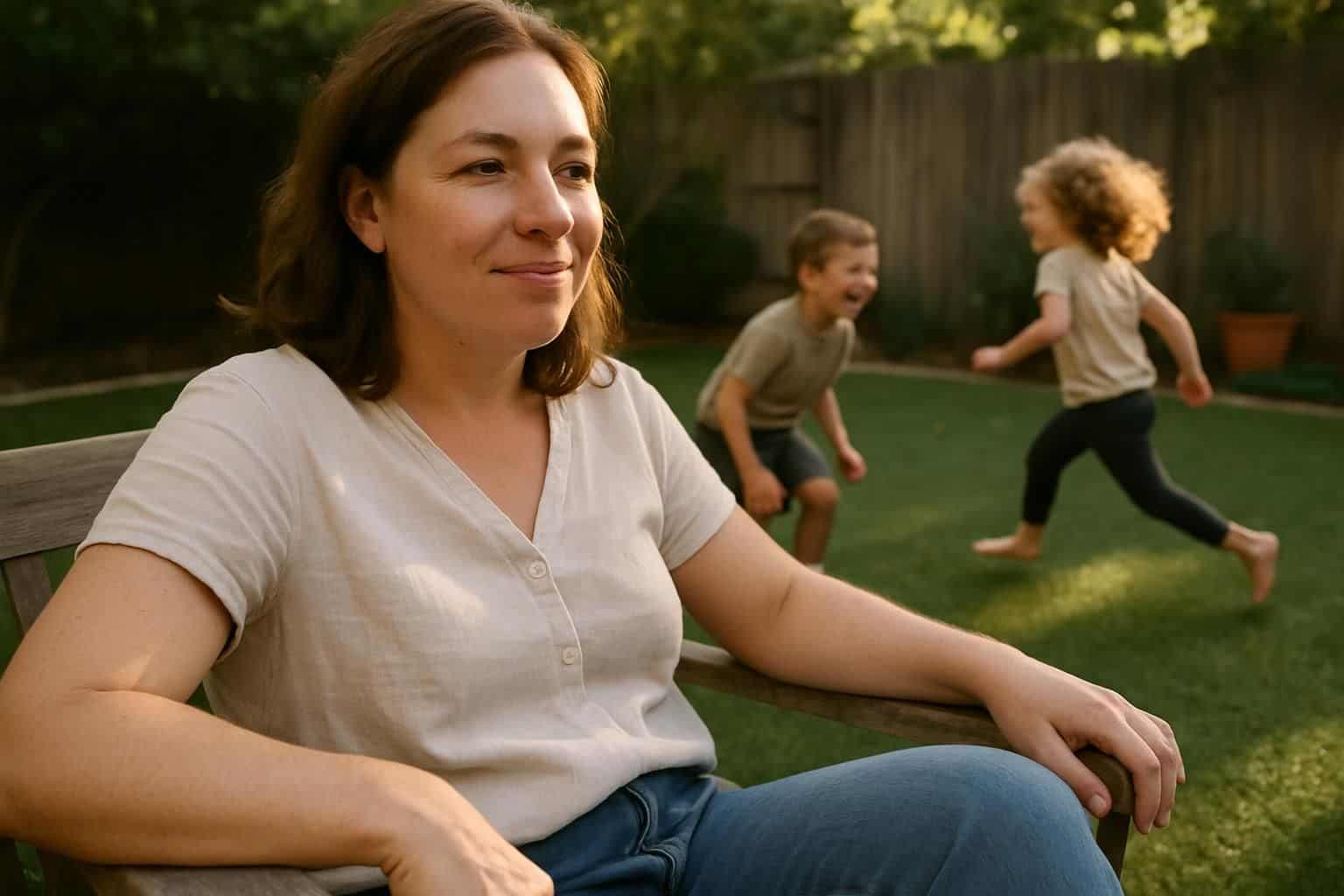 A woman relaxes on a bench while watching her children play on artificial turf in a well-maintained backyard. A woman relaxes on a bench while watching her children play on artificial turf in a well-maintained backyard.